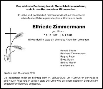 Traueranzeige von Elfriede Zimmermann von 560 Gießener Anzeiger