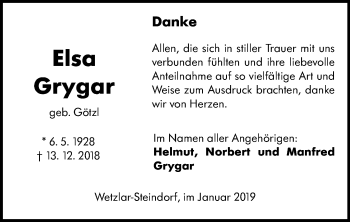Traueranzeige von Elsa Grygar von 201 WNZ - Wetzlarer Neue Zeitung (110)