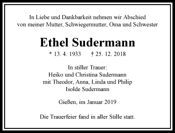 Traueranzeige von Ethel Sudermann von 560 Gießener Anzeiger