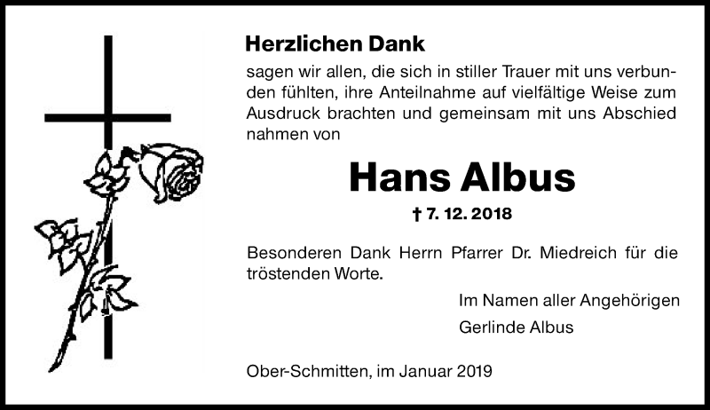  Traueranzeige für Hans Albus vom 12.01.2019 aus 561 Kreisanzeiger