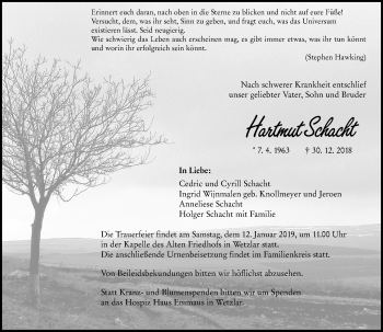 Traueranzeige von Hartmut Schacht von 560 Gießener Anzeiger