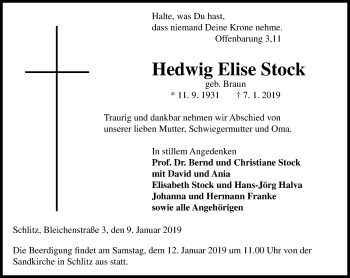 Traueranzeige von Hedwig Elise Stock von VRM Trauer