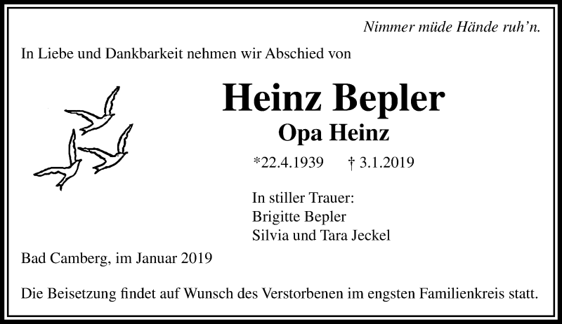  Traueranzeige für Heinz Bepler vom 10.01.2019 aus 582 Camberger Anzeiger
