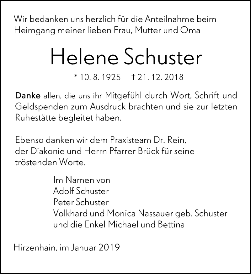  Traueranzeige für Helene Schuster vom 12.01.2019 aus 202 Dill Block (120)