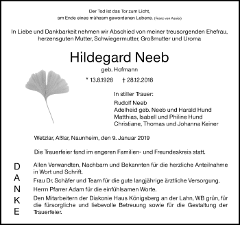 Traueranzeige von Hildegard Neeb von 201 WNZ - Wetzlarer Neue Zeitung (110)