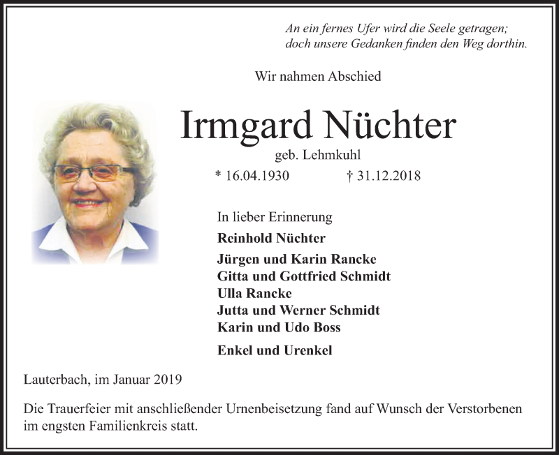 Traueranzeige für Irmgard Nüchter vom 12.01.2019 aus VRM Trauer