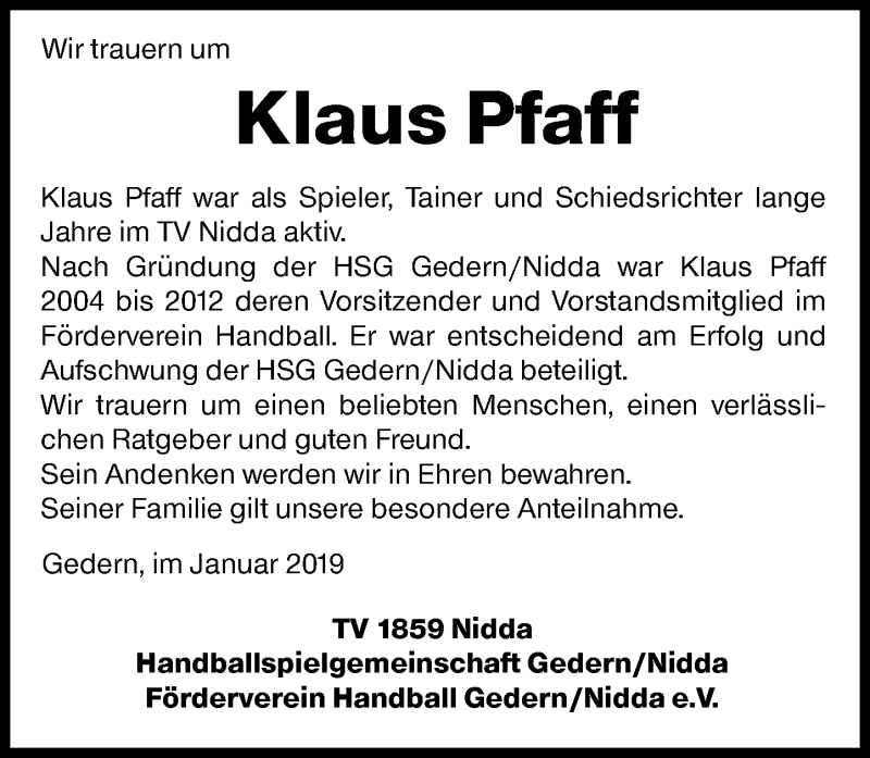  Traueranzeige für Klaus Pfaff vom 08.01.2019 aus 561 Kreisanzeiger