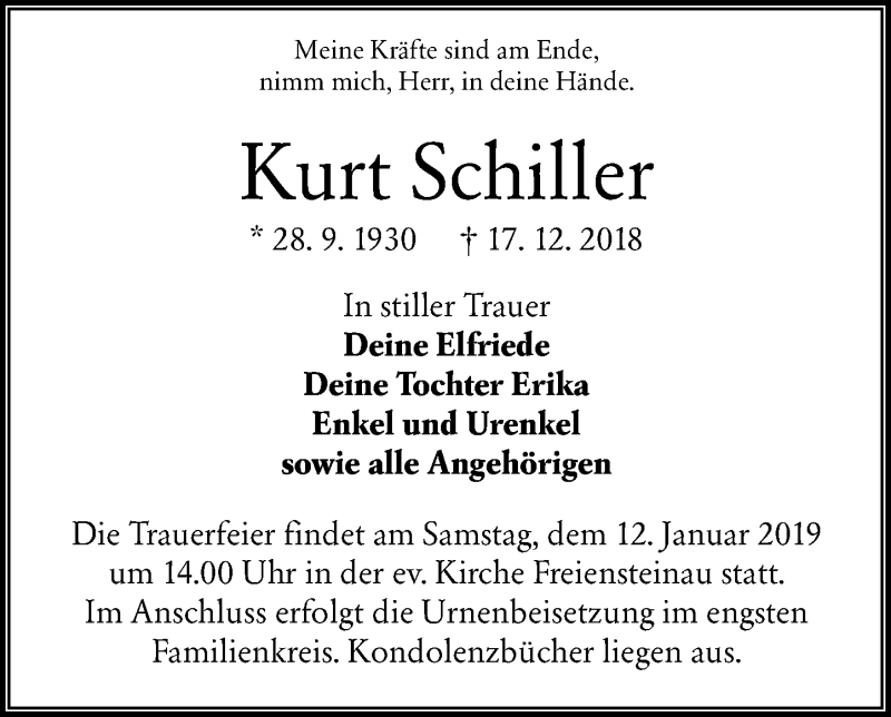  Traueranzeige für Kurt Schiller vom 10.01.2019 aus 562 Lauterbacher Anzeiger