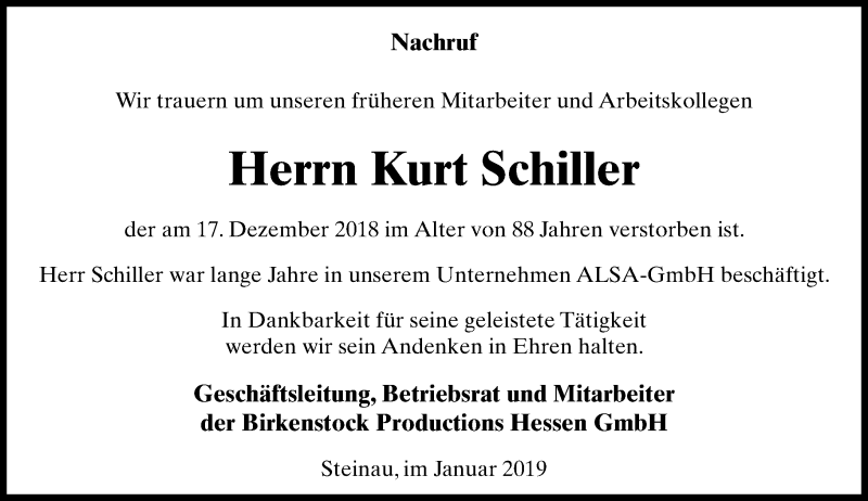  Traueranzeige für Kurt Schiller vom 12.01.2019 aus 562 Lauterbacher Anzeiger