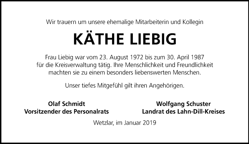  Traueranzeige für Käthe Liebig vom 08.01.2019 aus 201 WNZ - Wetzlarer Neue Zeitung (110)