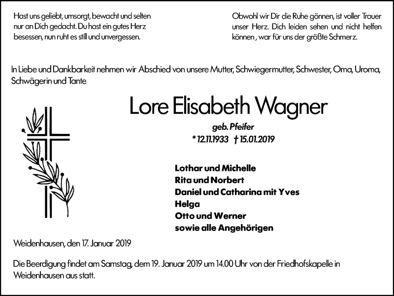  Traueranzeige für Lore Elisabeth Wagner vom 17.01.2019 aus 205 HA - Hinterländer Anzeiger (130)