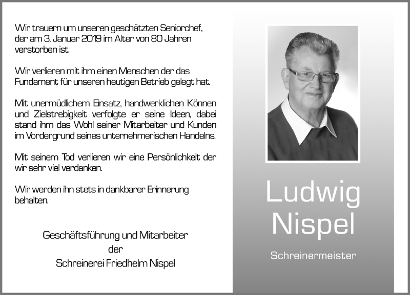  Traueranzeige für Ludwig Nispel vom 05.01.2019 aus 205 HA - Hinterländer Anzeiger (130)