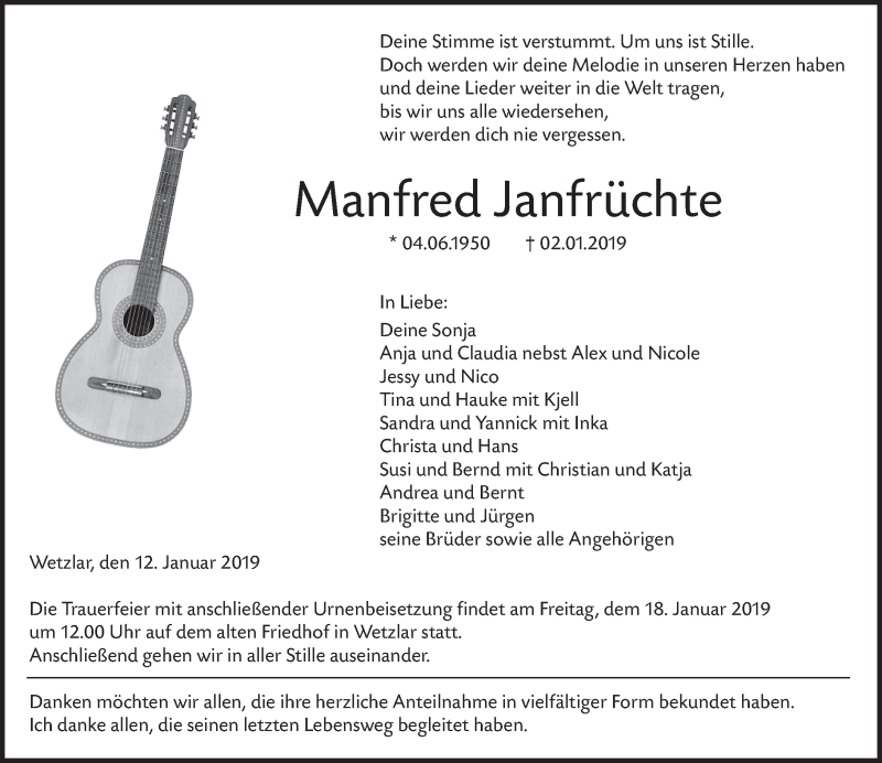  Traueranzeige für Manfred Janfrüchte vom 12.01.2019 aus 201 WNZ - Wetzlarer Neue Zeitung (110)