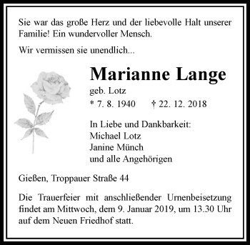 Traueranzeige von Marianne Lange von 560 Gießener Anzeiger