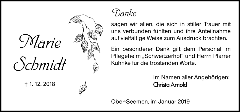  Traueranzeige für Marie Schmidt vom 05.01.2019 aus 561 Kreisanzeiger