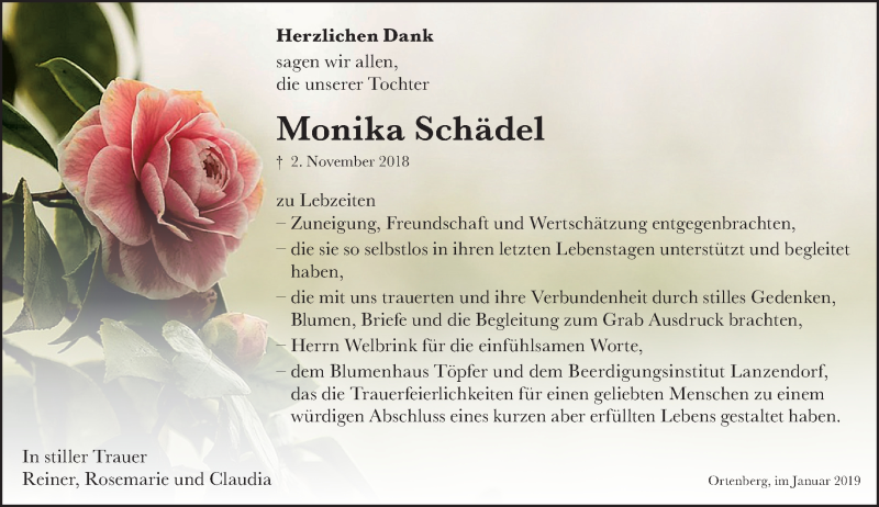  Traueranzeige für Monika Schädel vom 12.01.2019 aus 561 Kreisanzeiger