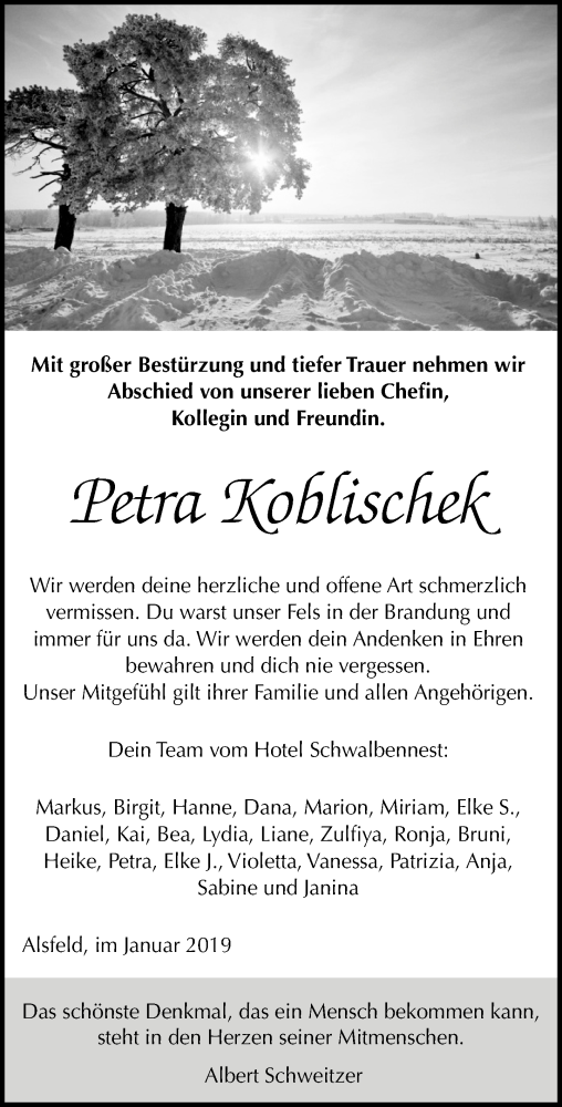  Traueranzeige für Petra Koblischek vom 15.01.2019 aus VRM Trauer