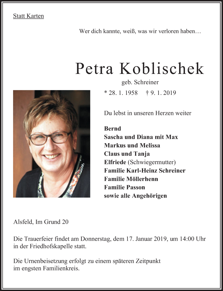  Traueranzeige für Petra Koblischek vom 14.01.2019 aus VRM Trauer