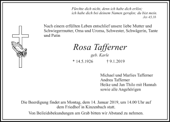 Traueranzeige von Rosa Tafferner von 560 Gießener Anzeiger