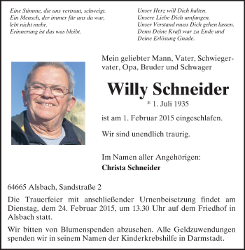 Traueranzeige von Willy Schneider von Echo-Zeitungen (Gesamtausgabe)