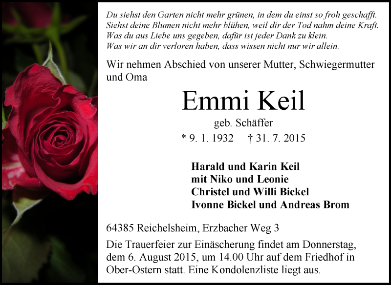  Traueranzeige für Emmi Keil vom 04.08.2015 aus trauer.echo-online.de
