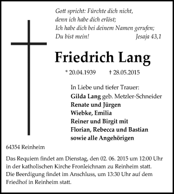 Traueranzeige von Friedrich Lang von Darmstädter Echo, Odenwälder Echo, Rüsselsheimer Echo, Groß-Gerauer-Echo, Ried Echo