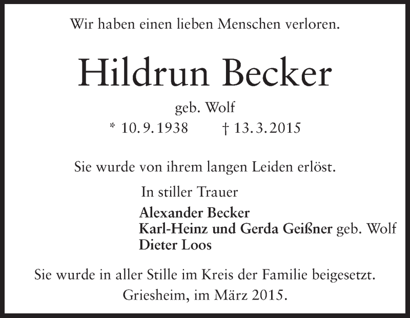  Traueranzeige für Hildrun Becker vom 21.03.2015 aus Echo-Zeitungen (Gesamtausgabe)