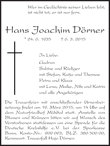Traueranzeige von Hans Joachim Dörner von Echo-Zeitungen (Gesamtausgabe)