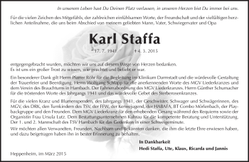 Traueranzeige von Karl Staffa von Starkenburger Echo