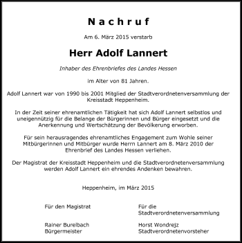 Traueranzeige von Adolf Lannert von Starkenburger Echo