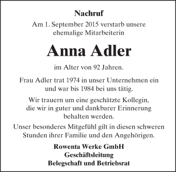 Traueranzeige von Anna Adler von trauer.echo-online.de