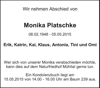 Traueranzeige von Monika Platschke von Echo-Zeitungen (Gesamtausgabe)