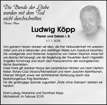 Traueranzeige von Ludwig Köpp von Odenwälder Echo