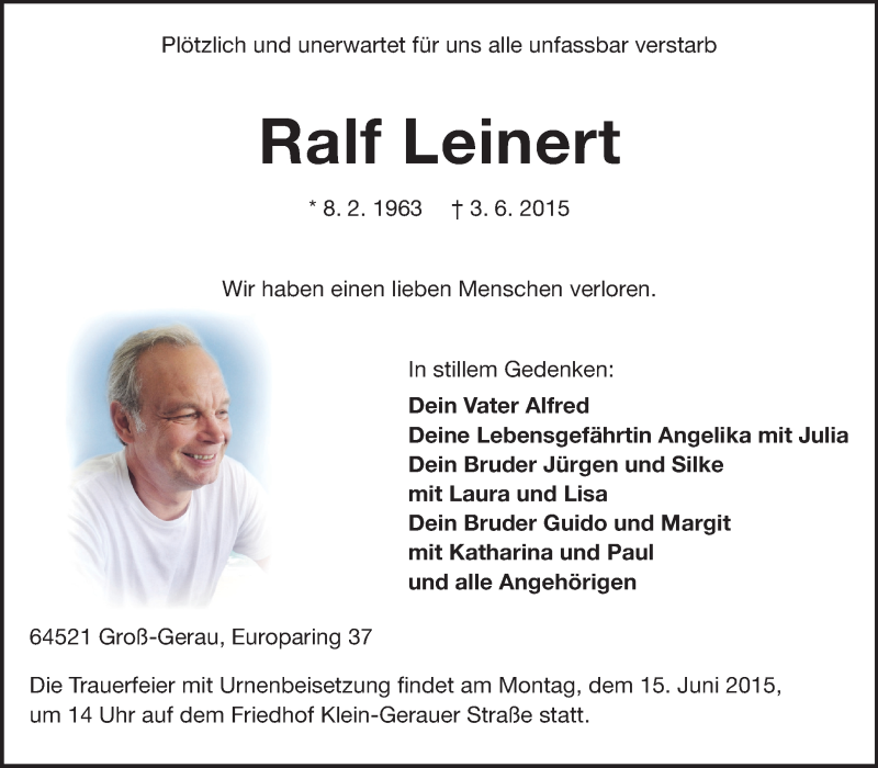  Traueranzeige für Ralf Leinert vom 13.06.2015 aus Rüsselsheimer Echo, Groß-Gerauer-Echo, Ried Echo