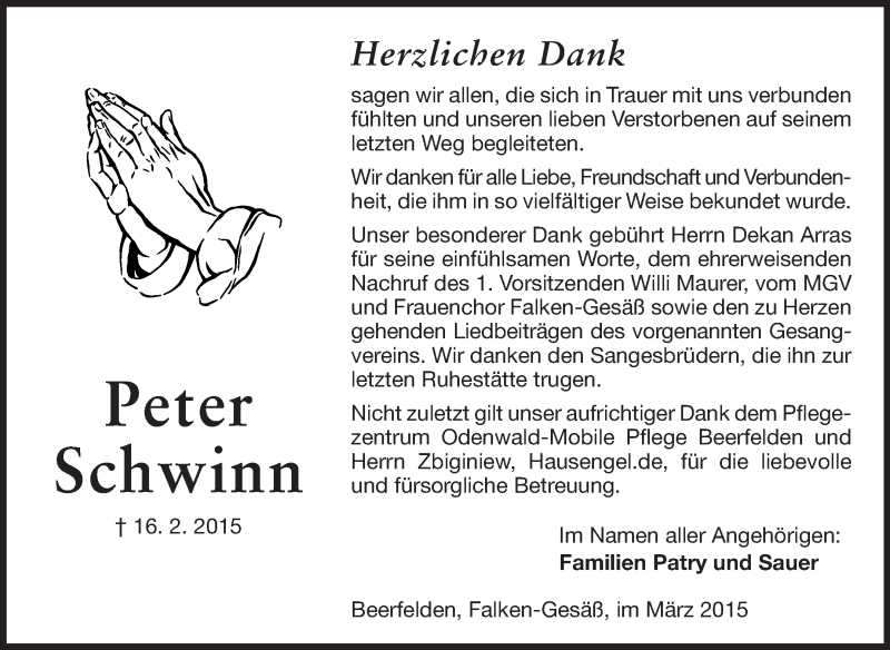  Traueranzeige für Peter Schwinn vom 13.03.2015 aus Odenwälder Echo