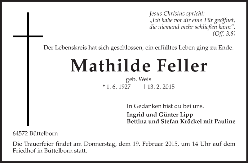  Traueranzeige für Mathilde Feller vom 17.02.2015 aus Rüsselsheimer Echo, Groß-Gerauer-Echo, Ried Echo
