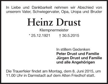 Traueranzeige von Heinz Drust von Echo-Zeitungen (Gesamtausgabe)