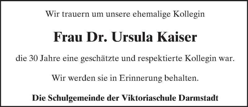  Traueranzeige für Ursula Kaiser vom 23.09.2015 aus trauer.echo-online.de