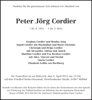 Traueranzeige von Peter Jörg Cordier von Echo-Zeitungen (Gesamtausgabe)