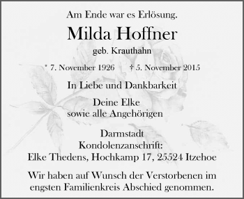 Traueranzeige von Milda Hoffner von trauer.echo-online.de