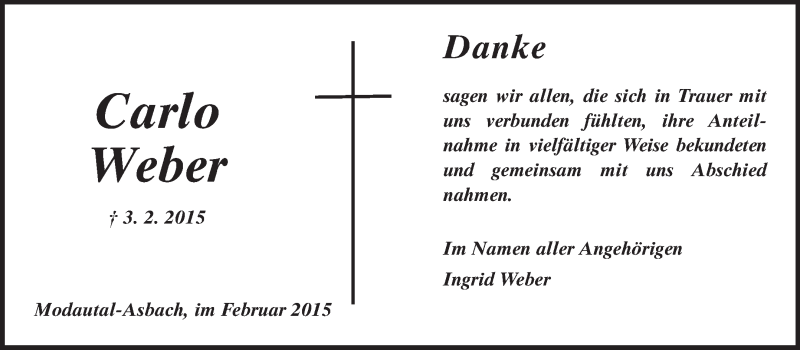  Traueranzeige für Carlo Weber vom 21.02.2015 aus Echo-Zeitungen (Gesamtausgabe)