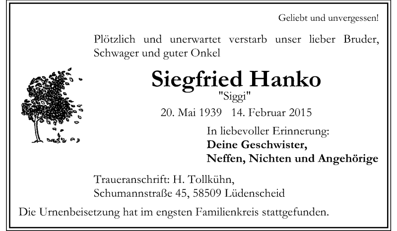  Traueranzeige für Siegfried Hanko vom 28.02.2015 aus Rüsselsheimer Echo, Groß-Gerauer-Echo, Ried Echo