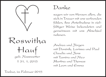 Traueranzeige von Roswitha Hauf von Rüsselsheimer Echo, Groß-Gerauer-Echo, Ried Echo