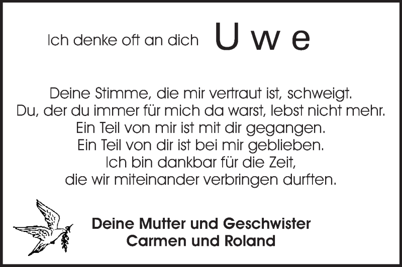  Traueranzeige für Uwe  vom 18.04.2015 aus Odenwälder Echo