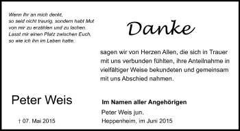 Traueranzeige von Peter Weis von Starkenburger Echo