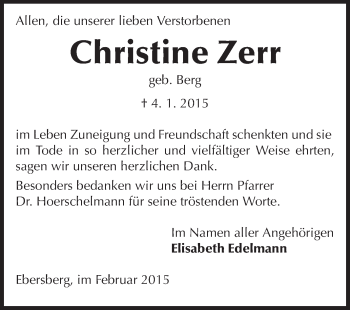 Traueranzeige von Christine Zerr von Odenwälder Echo
