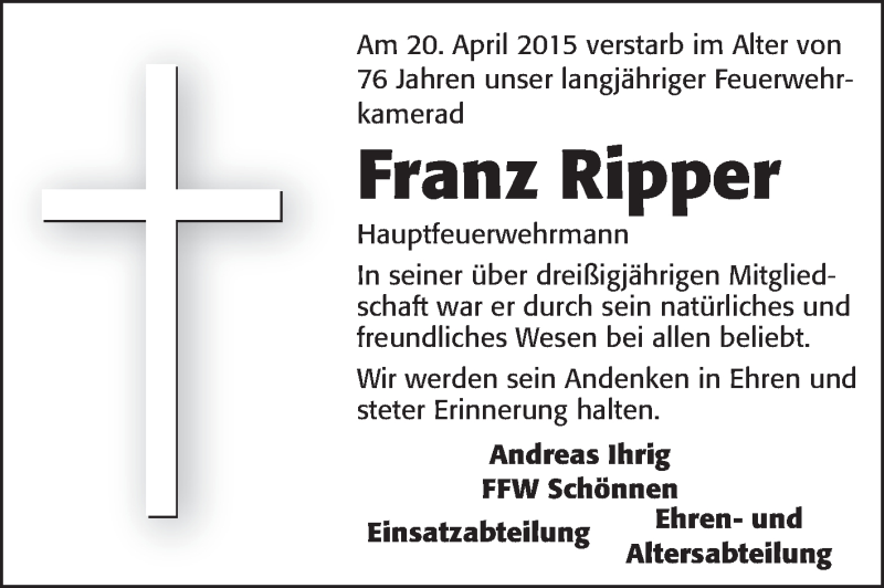  Traueranzeige für Franz Ripper vom 27.04.2015 aus Odenwälder Echo