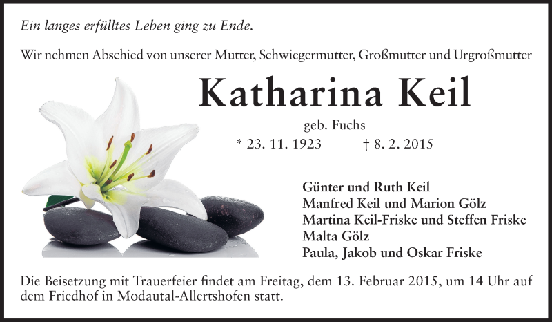  Traueranzeige für Katharina Keil vom 11.02.2015 aus Echo-Zeitungen (Gesamtausgabe)