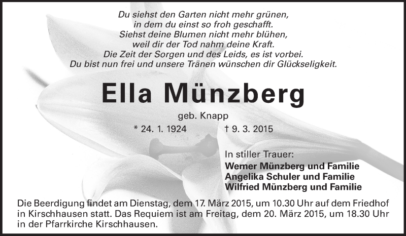  Traueranzeige für Ella Münzberg vom 14.03.2015 aus Starkenburger Echo