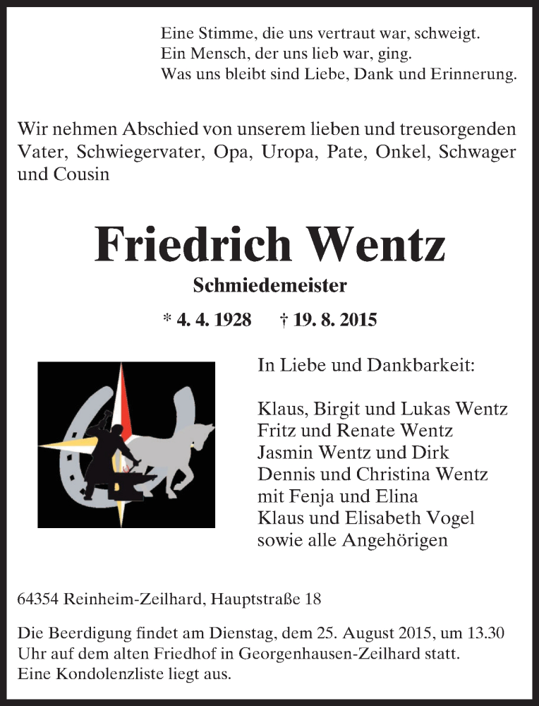  Traueranzeige für Friedrich Wentz vom 22.08.2015 aus trauer.echo-online.de